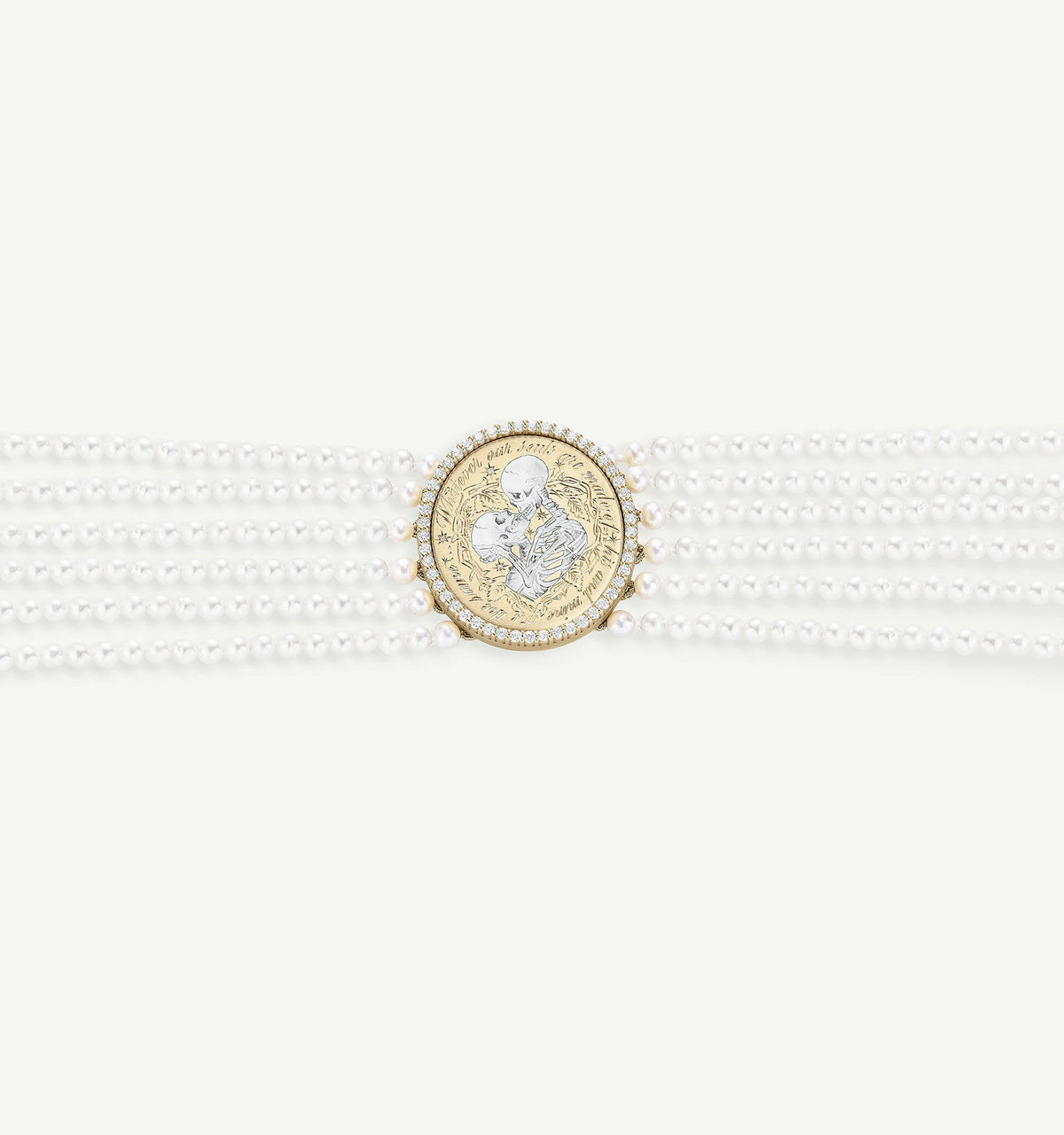 Gold bracelet featuring a central coin design with intricately engraved details and surrounded by multiple strands of pearls.