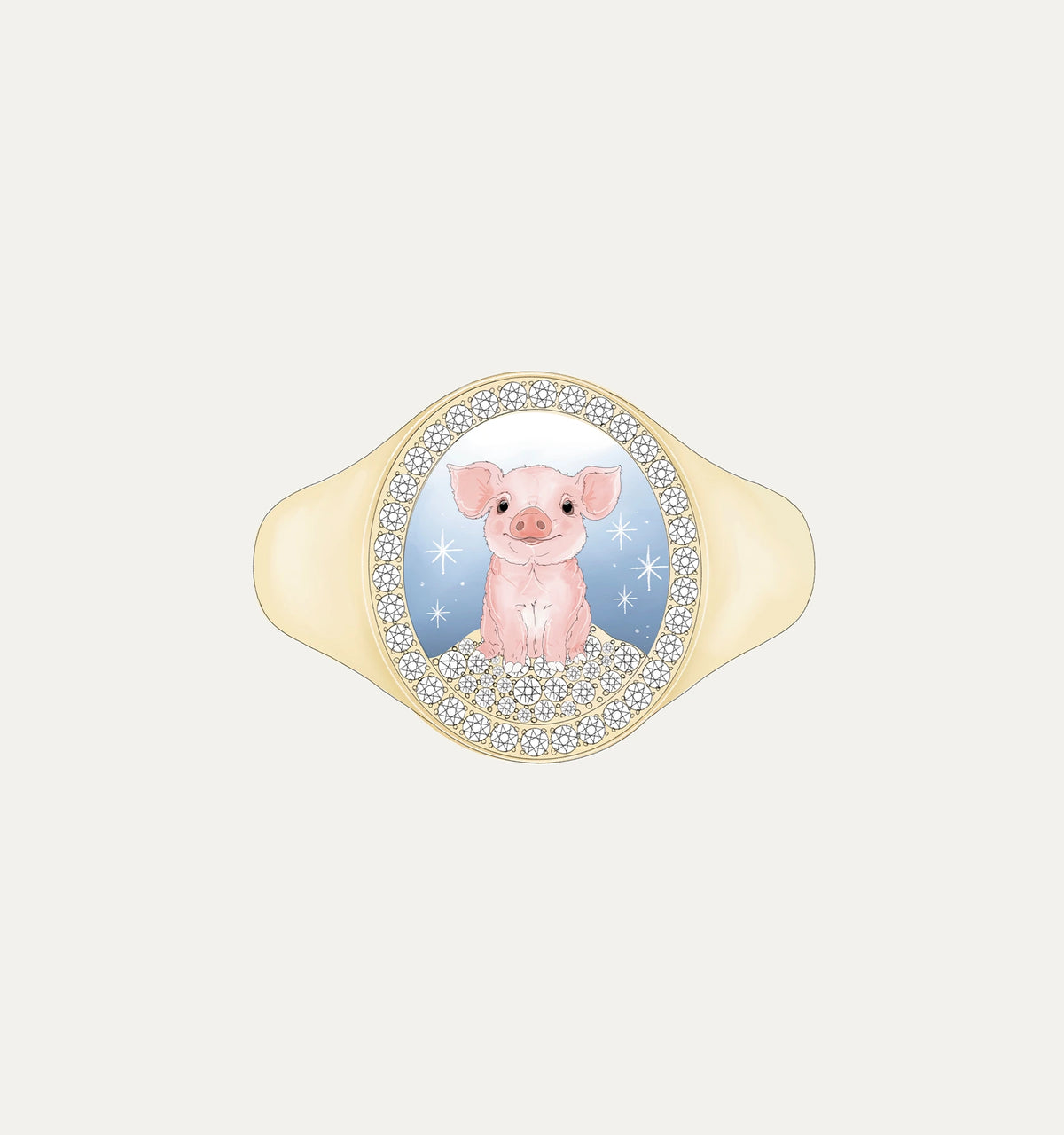Gold ring featuring an illustration of a pink pig with a blue background and decorative accents.