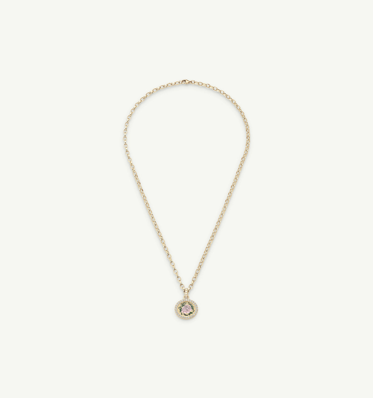 Gold necklace featuring a circular pendant with pink and green enamel details.