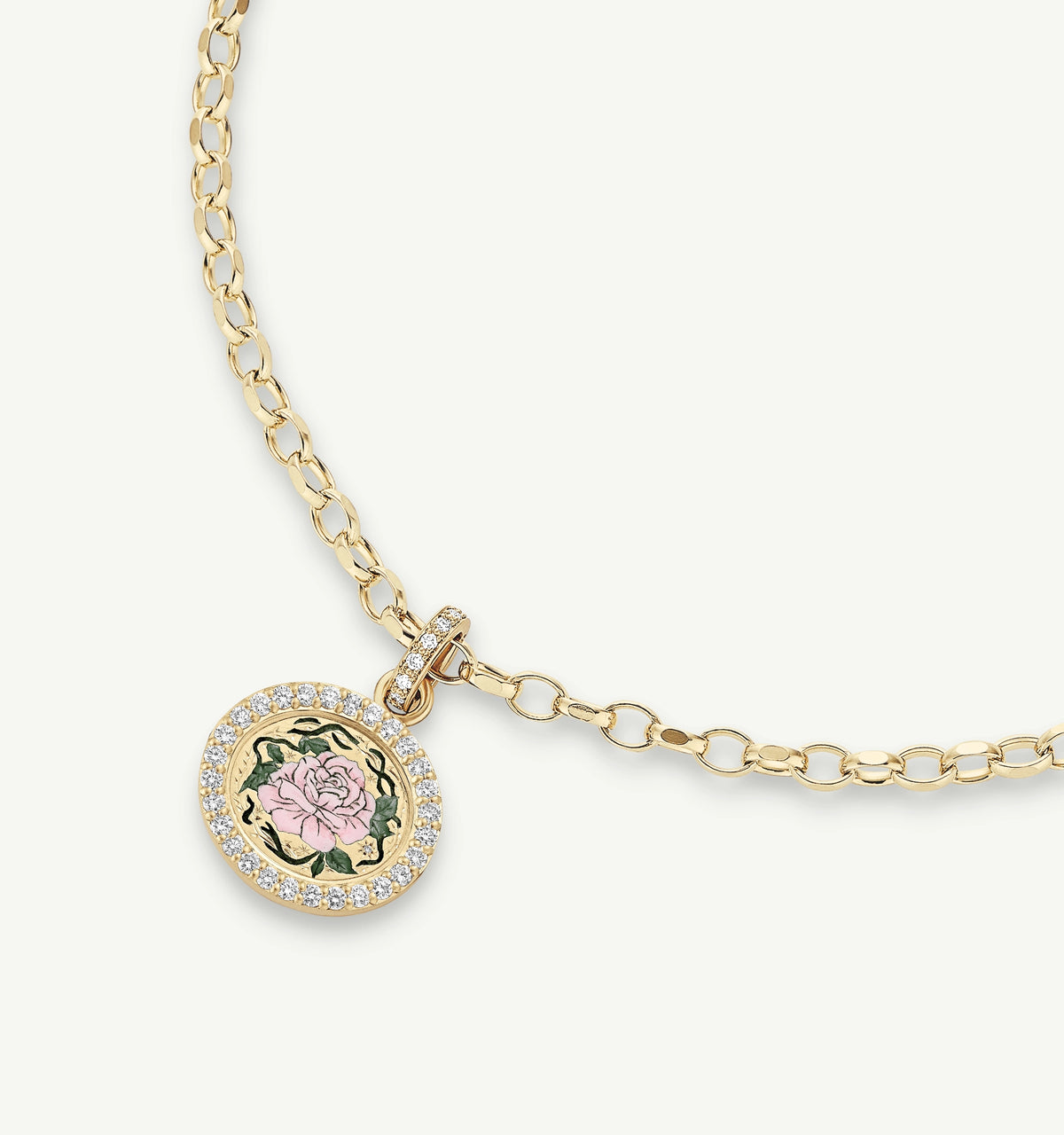 Gold chain necklace featuring a round pendant with a pink rose design and a border of round diamonds.