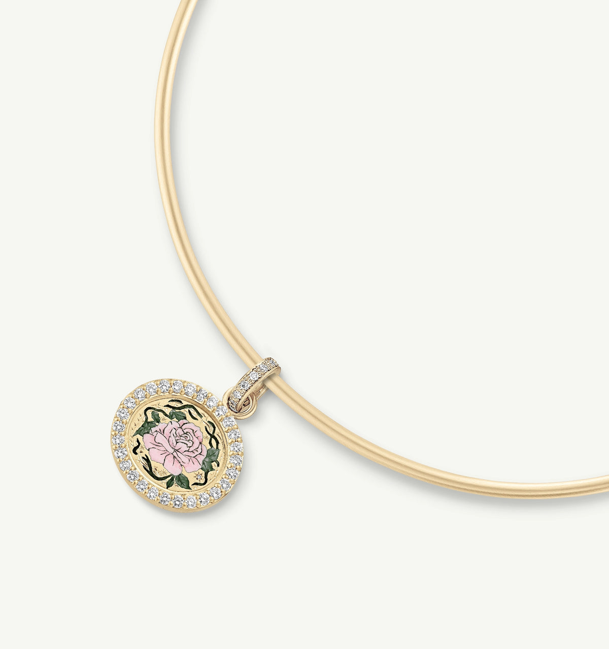 Gold choker necklace featuring an enamel rose pendant surrounded by small diamonds.