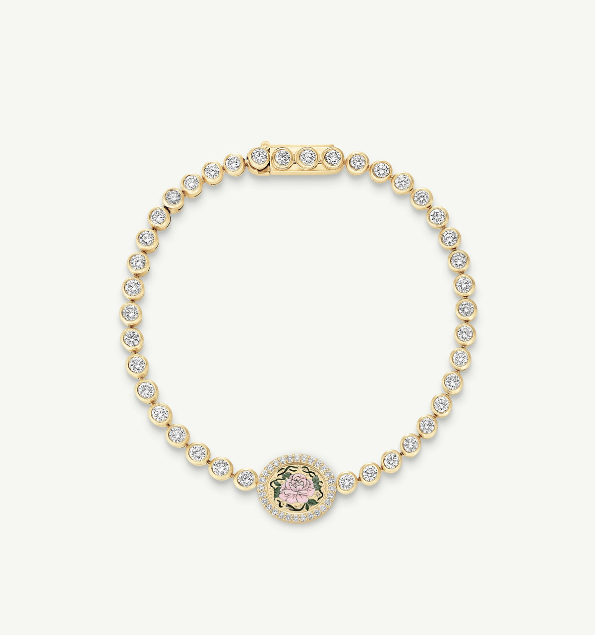 Gold bracelet featuring a floral enamel motif, surrounded by diamonds.