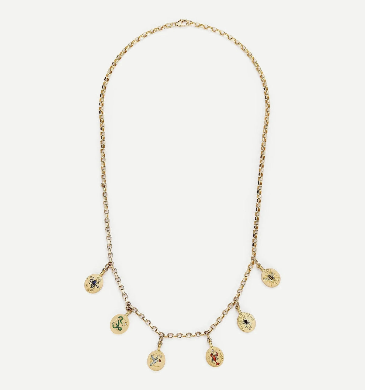 Gold necklace with colourful enamel charms depicting various designs.