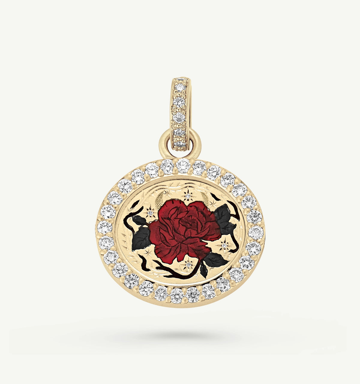 Gold pendant featuring a red rose design in enamel, surrounded by a halo of diamonds.