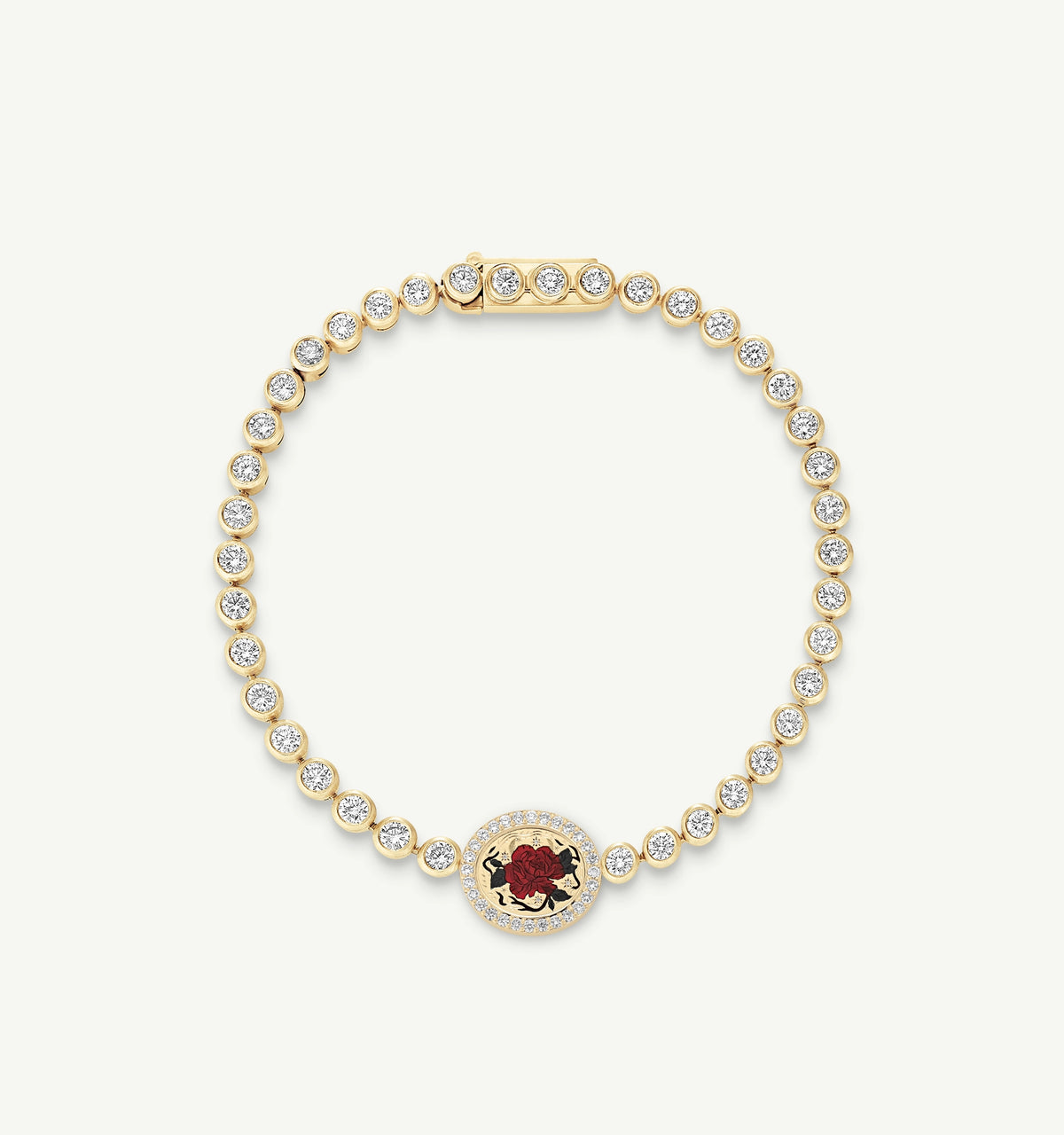 Gold bracelet featuring a red rose motif in enamel, surrounded by diamonds on a gold chain.