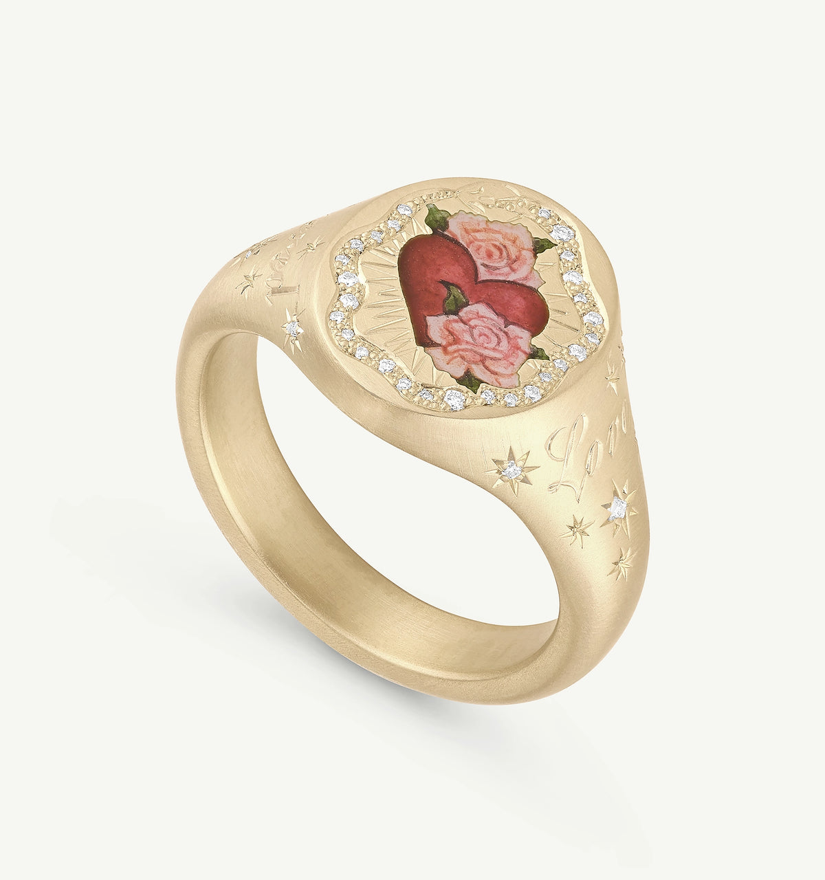 Gold ring featuring a heart and rose design in enamel, accented with diamonds on a brushed finish.