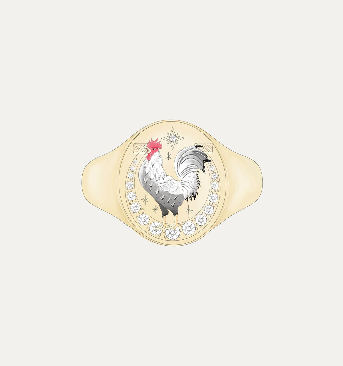 Gold ring featuring an illustrated rooster and decorative star motifs.
