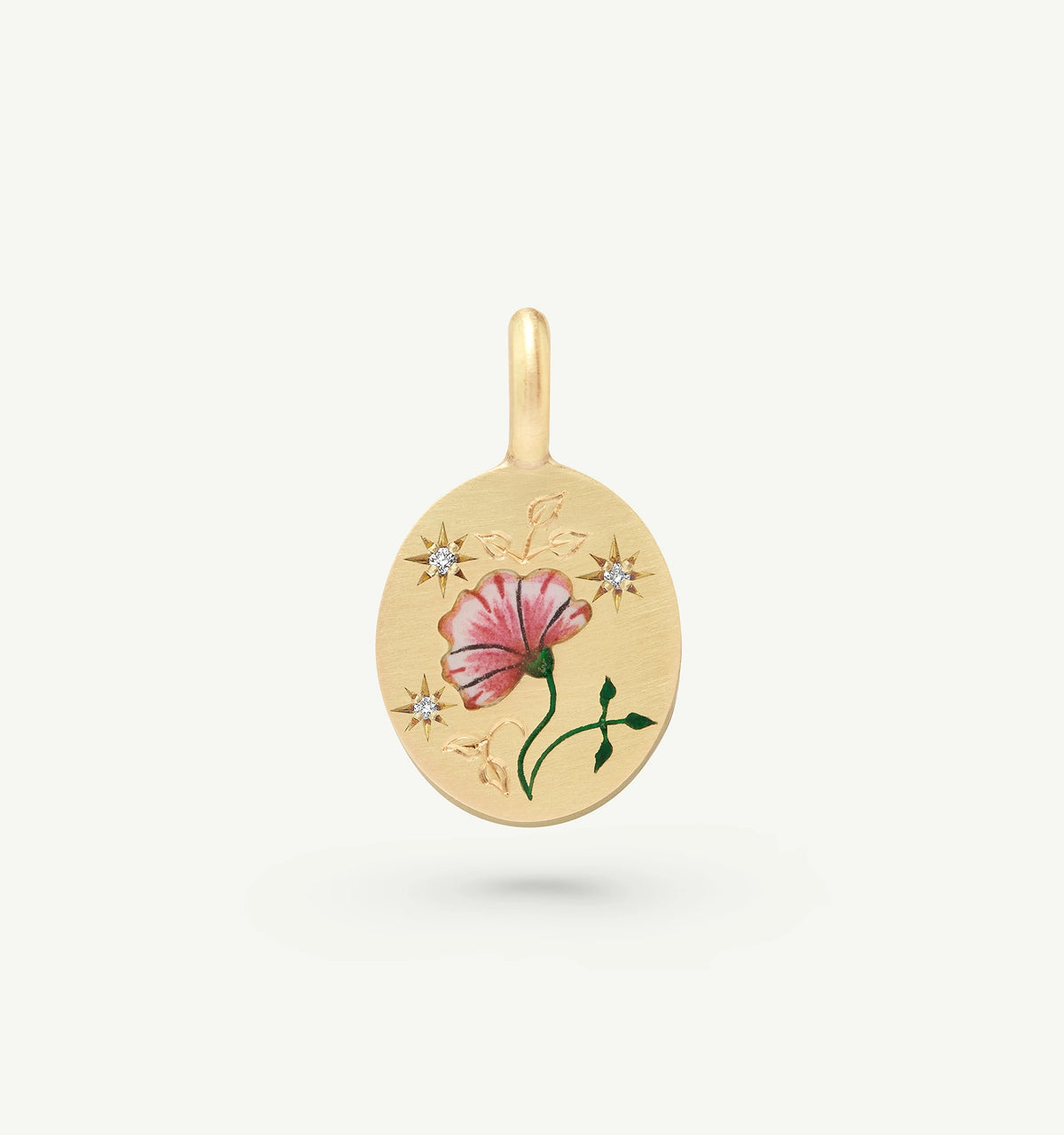 Gold pendant featuring a pink flower design in enamel and three small diamonds.
