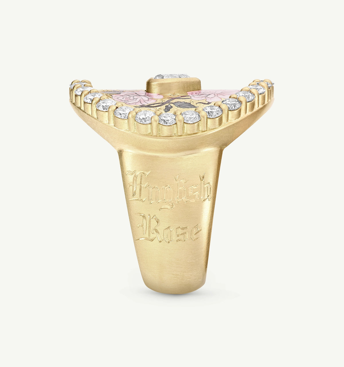 Gold ring with an engraved "English Rose" and a pink floral enamel design, accented by small diamonds.