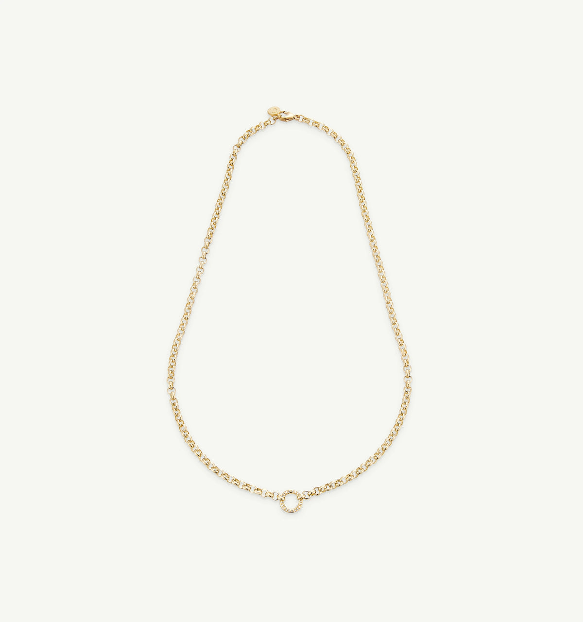 Gold chain necklace featuring a circular pendant in a minimalist design.