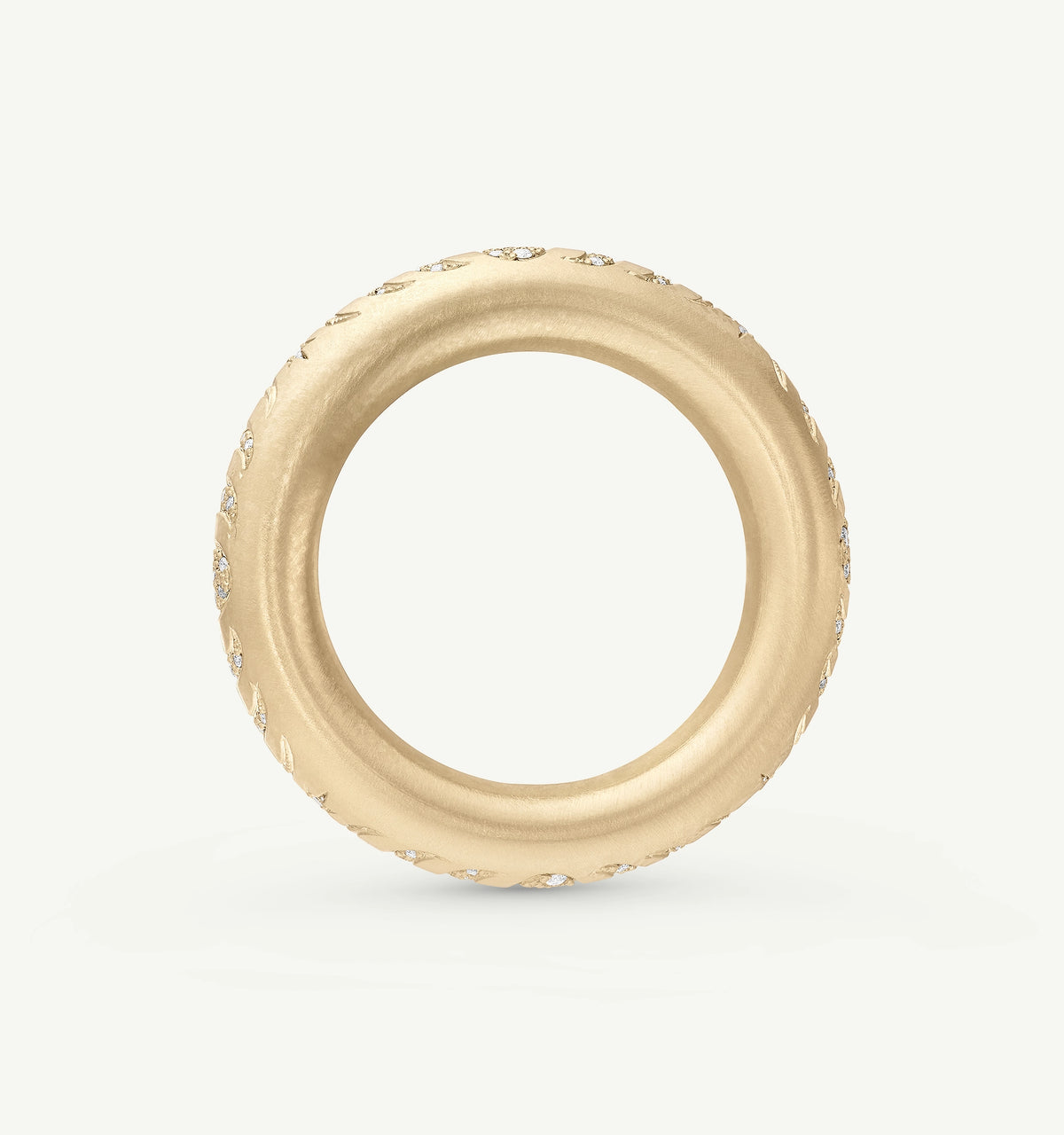 Gold ring with a textured finish and small diamonds set along the outer edge.
