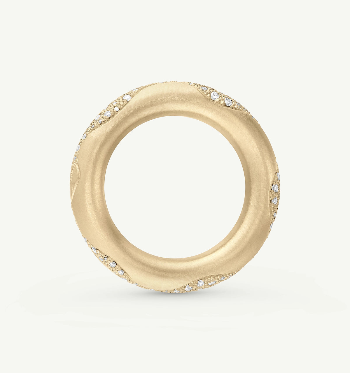 Gold ring featuring diamonds along the edge, with a smooth, wavy design.