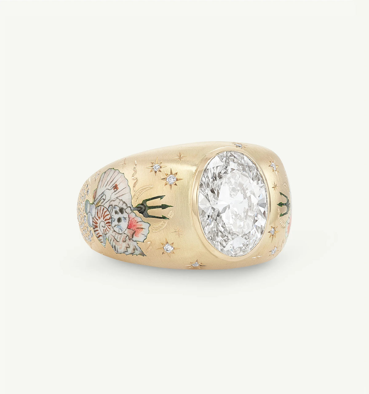 Gold ring featuring an oval diamond and engraved floral designs with coloured enamel accents.