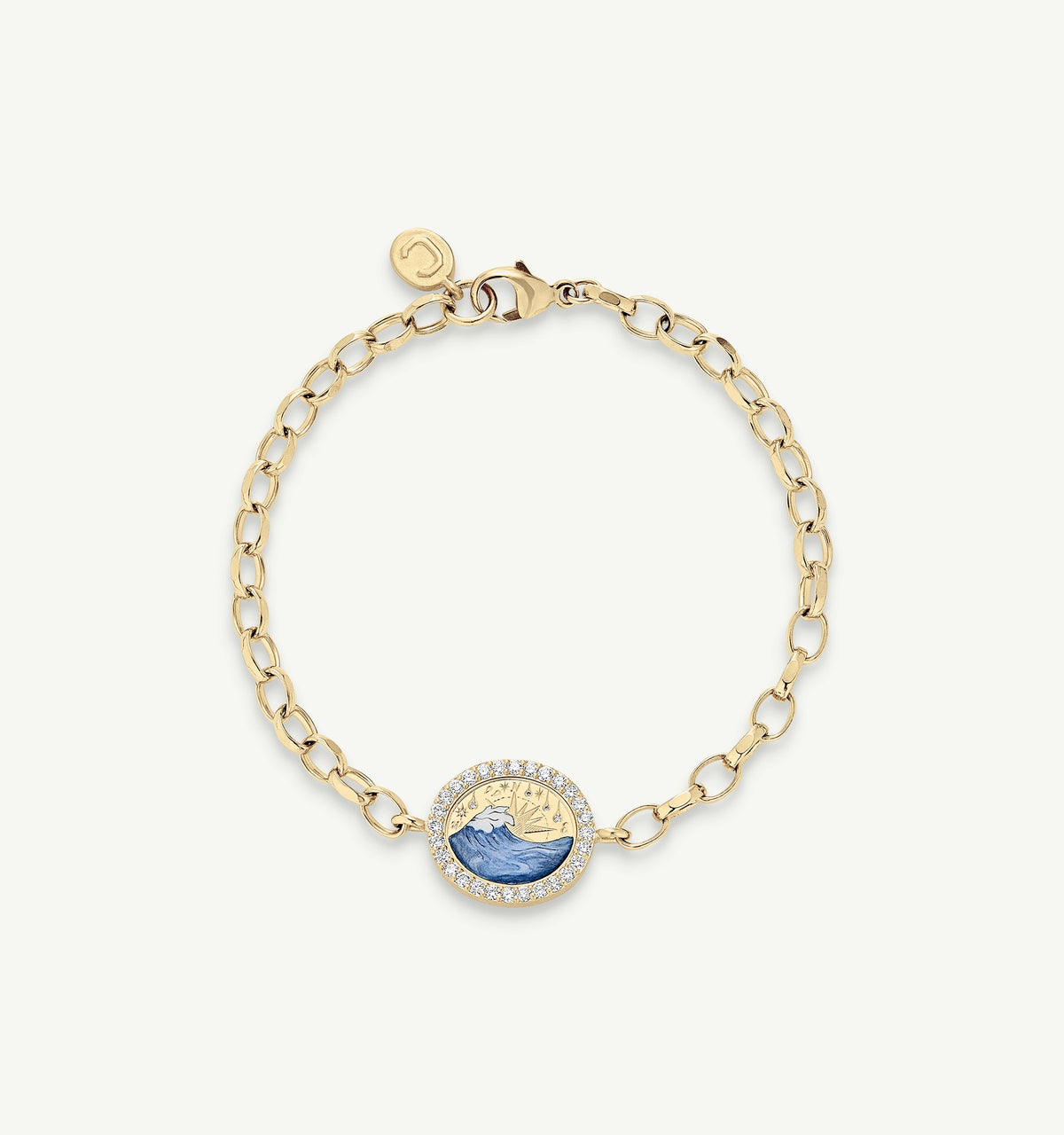 Gold bracelet featuring a blue wave design in enamel and surrounded by clear diamonds.