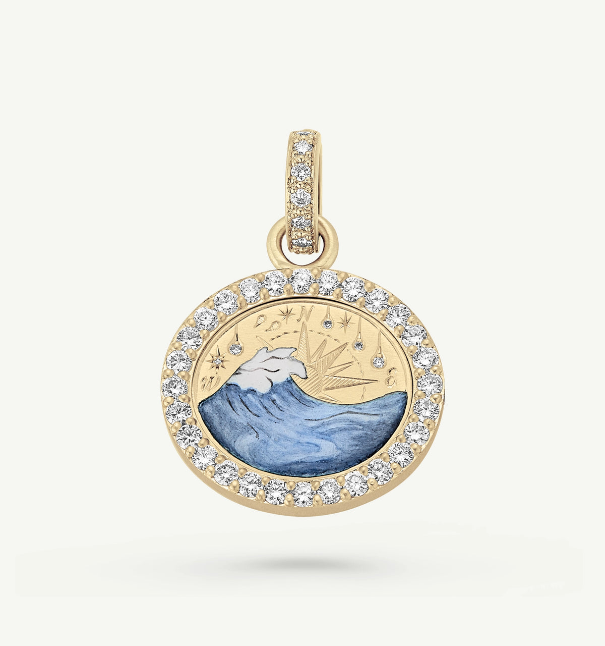 Gold pendant featuring a wave design in enamel surrounded by a circle of pavé diamonds.