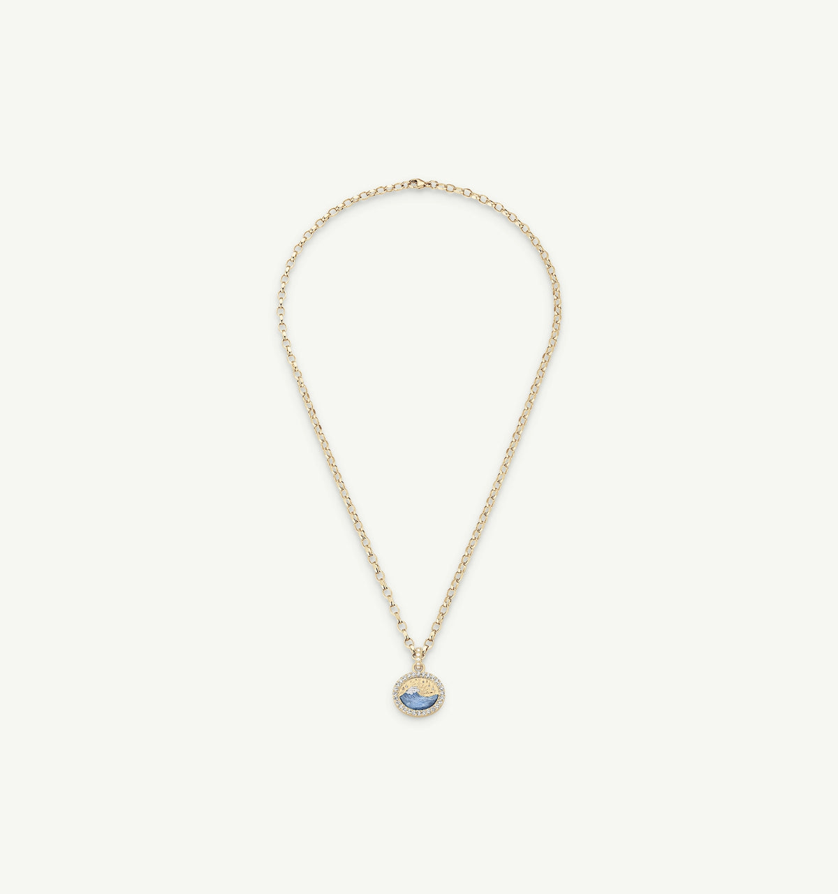 Gold necklace featuring an enamel blue mountain pendant.