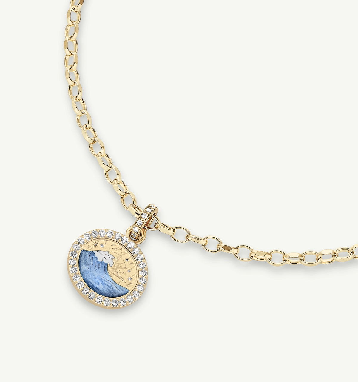 Gold necklace featuring a pendant with a blue wave design surrounded by a halo of diamonds.