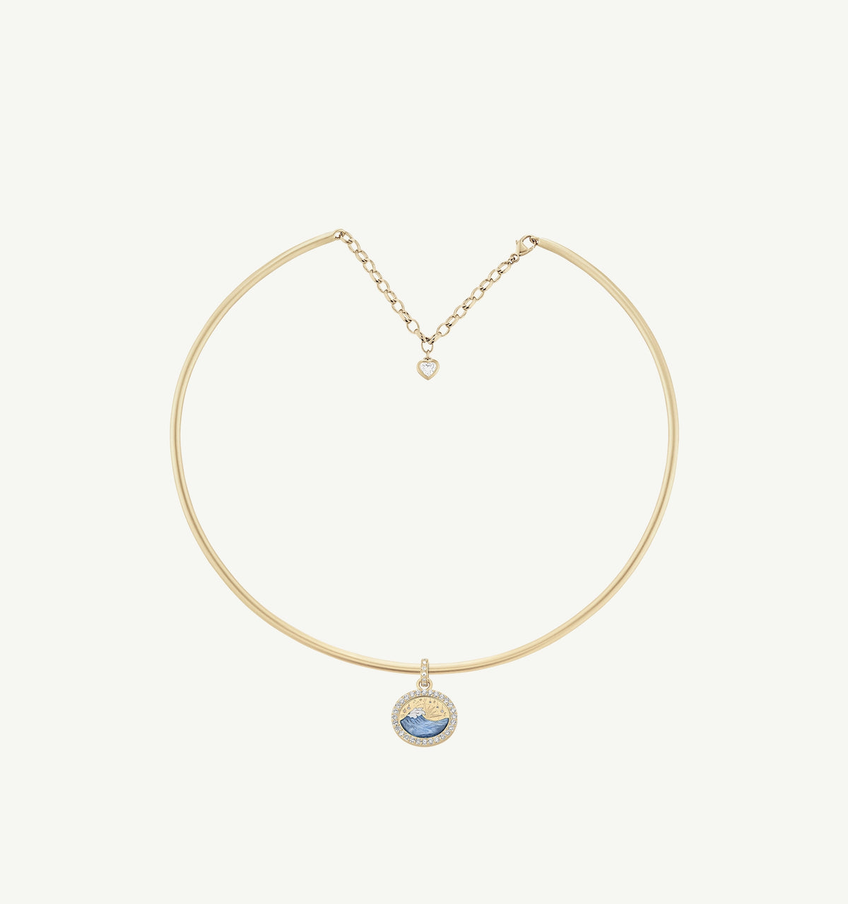 Gold choker necklace featuring a blue enamel pendant with wave motif and a small heart charm.