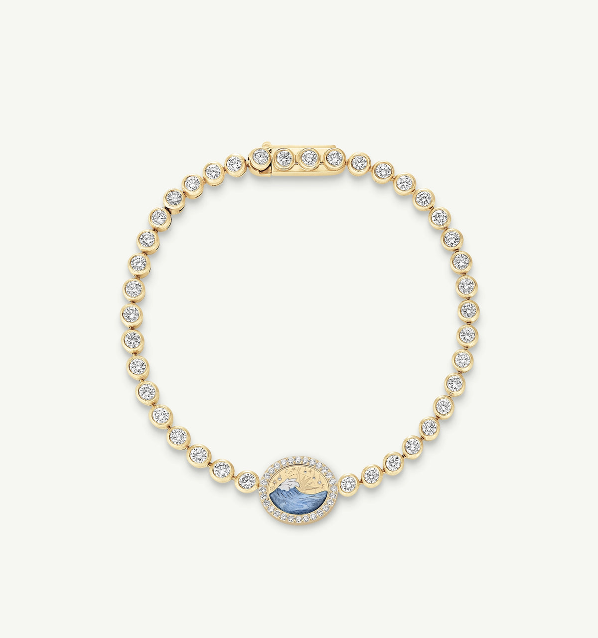 Gold bracelet featuring a blue wave motif surrounded by diamonds.