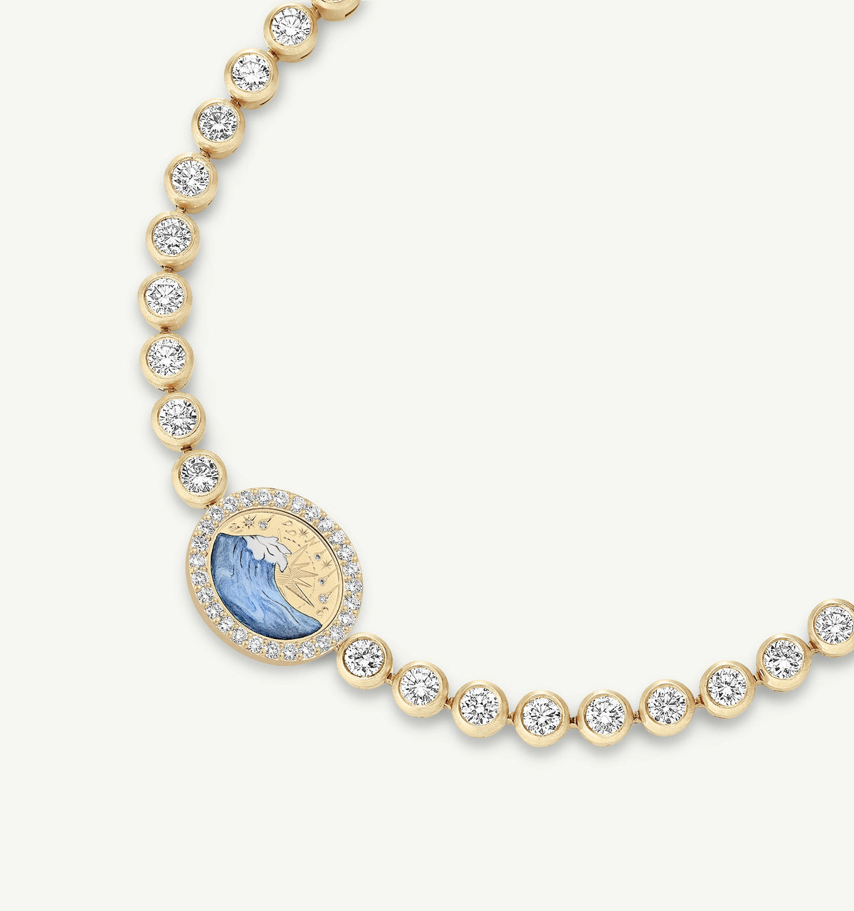 Gold bracelet featuring a blue wave motif and surrounded by multiple diamonds.