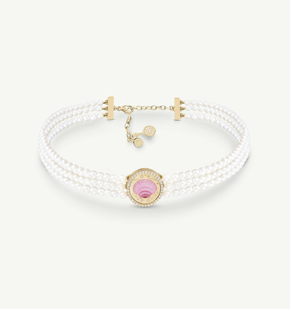 Gold choker with multiple strands of pearls and a pink shell motif at the centre, featuring a clasp and adjustable chain.