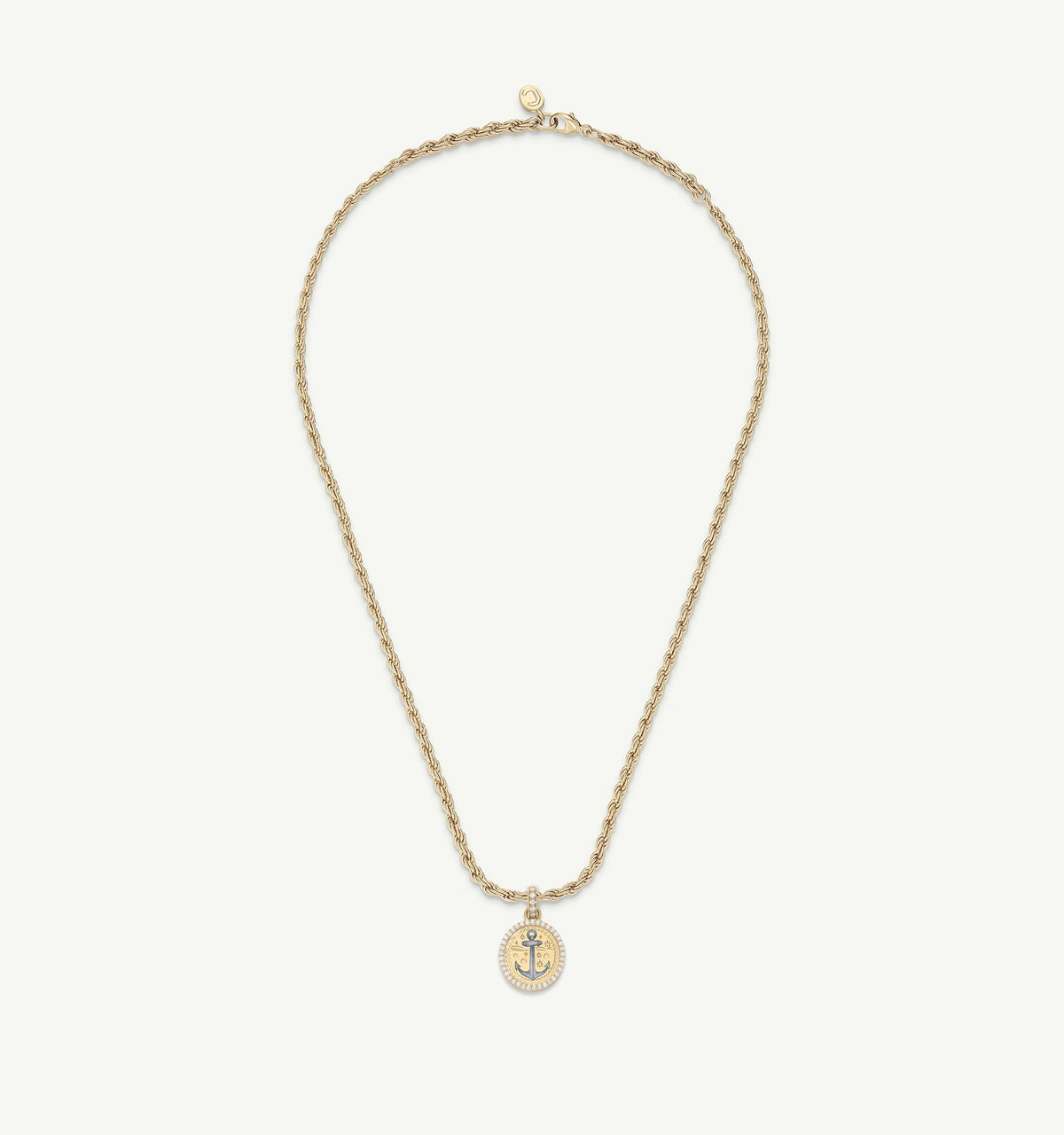 Gold necklace featuring an anchor pendant on a twisted chain.