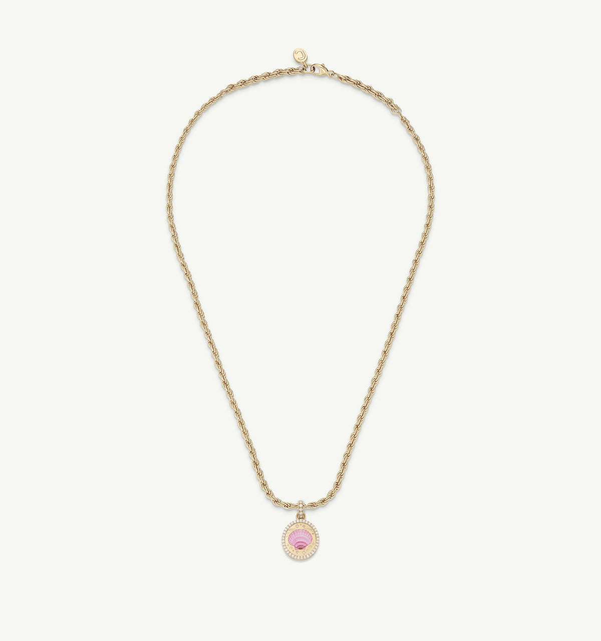 Gold necklace with a twisted chain and a pendant featuring a pink enamel design.