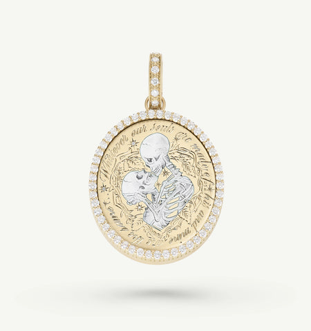 Gold pendant featuring two skeleton figures kissing, surrounded by a halo of diamonds.
