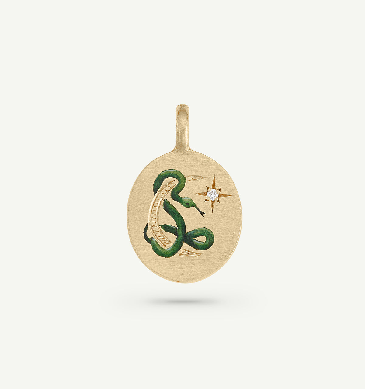 Gold pendant featuring a green snake design and a diamond accent.
