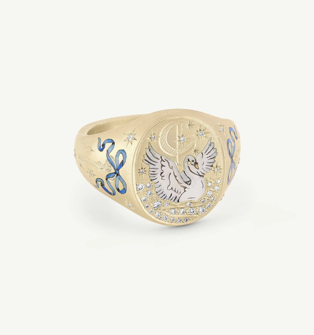 Gold ring featuring an engraved swan design with blue enamel and clear diamonds, surrounded by decorative elements.