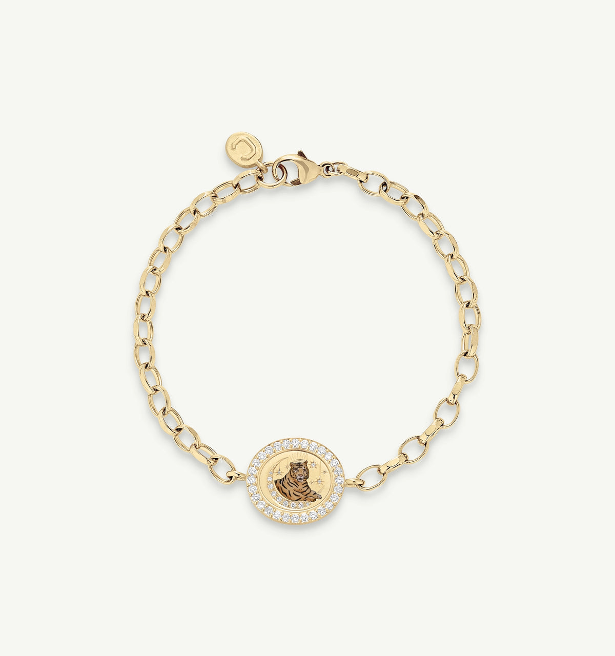 Gold bracelet featuring a tiger motif surrounded by a halo of diamonds.