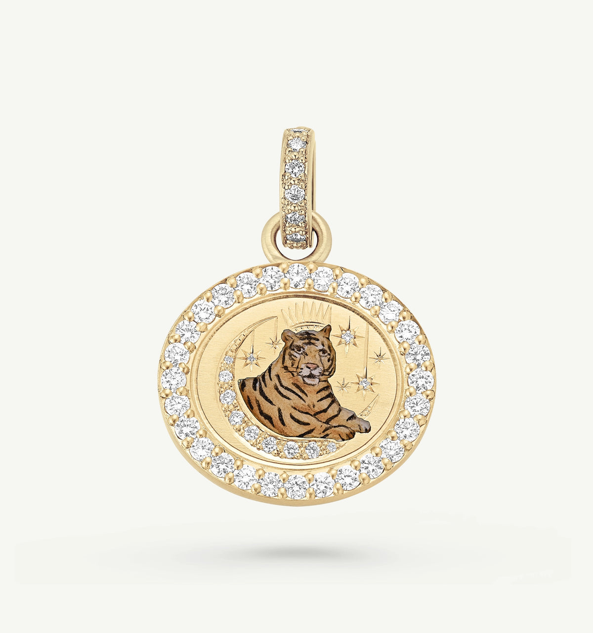 Gold pendant featuring a tiger design surrounded by diamonds in a circular gold frame.