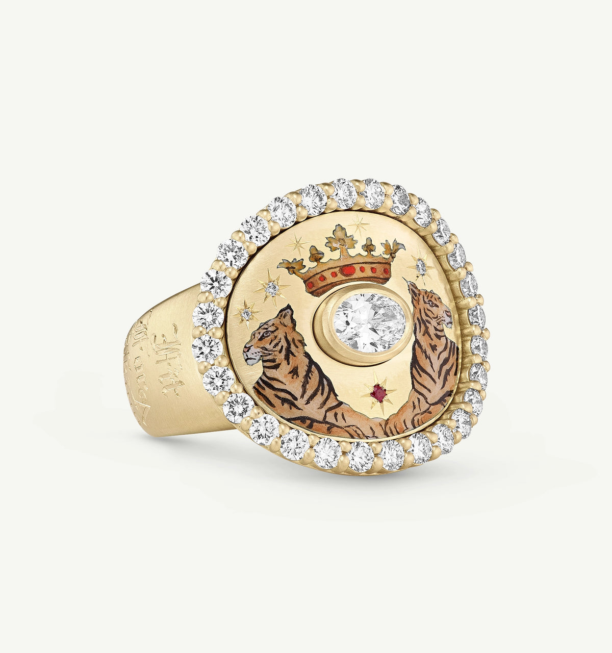 Gold ring featuring two tigers, a central diamond, and a crown motif, surrounded by smaller diamonds.