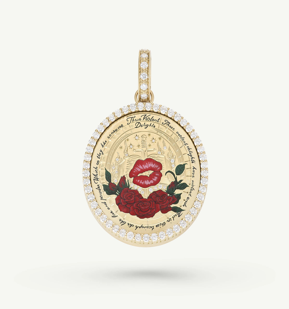 Gold pendant featuring red roses and a kiss motif with enamel details and round diamonds around the edge.