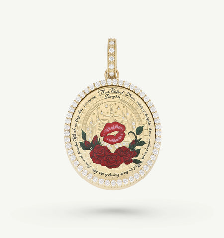 Gold pendant featuring red roses and a kiss motif with enamel details and round diamonds around the edge.
