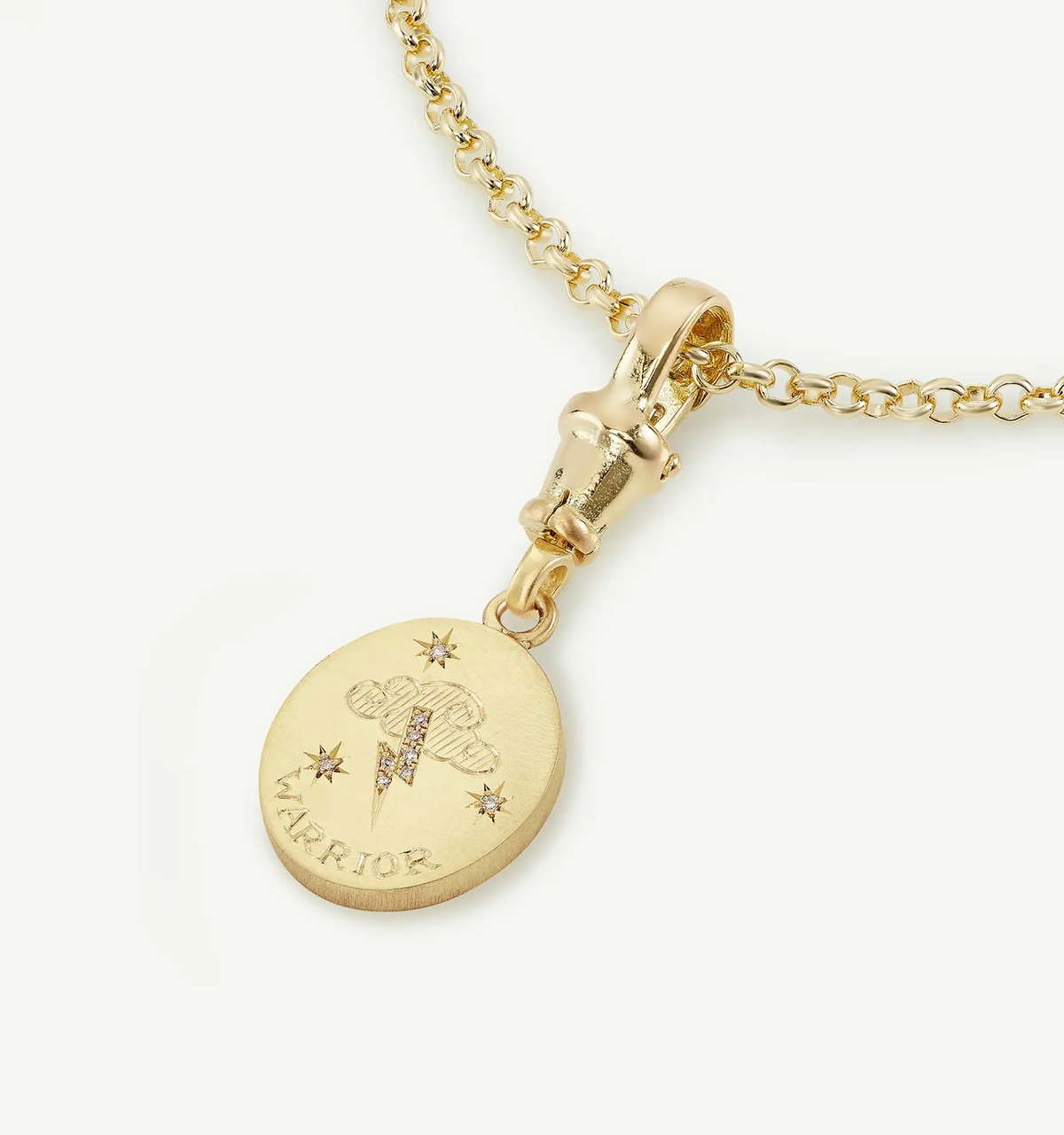 Gold pendant necklace engraved with a cloud and lightning design, featuring the word "WARRIOR" and adorned with five diamonds.