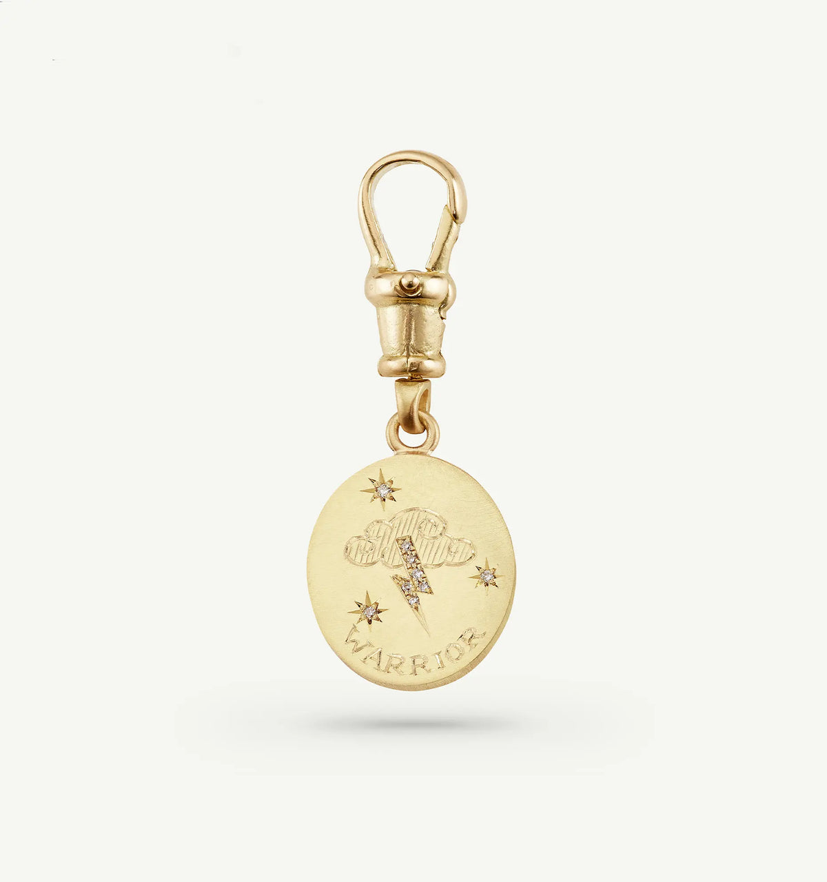 Gold charm with an engraved cloud and lightning, featuring the word "WARRIOR" and three small diamonds.