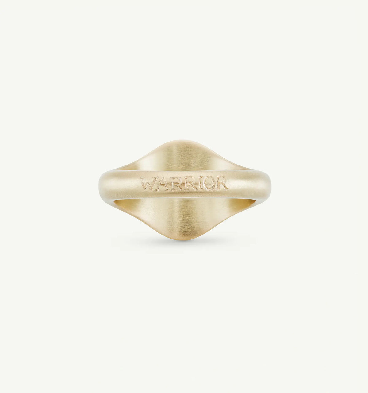 Gold ring with a curved design and engraved "WARRIOR" on the front.
