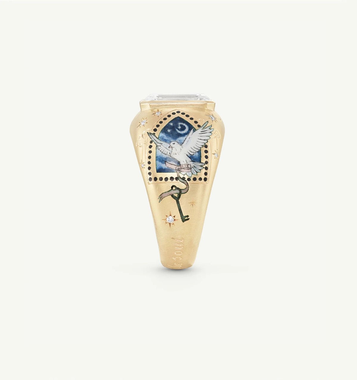 Gold ring featuring a bird and moon motif in enamel, accented with three small diamonds.