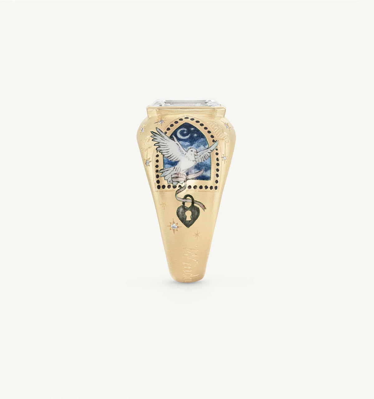 Gold ring featuring an enamel dove design, a lock motif, and star details.