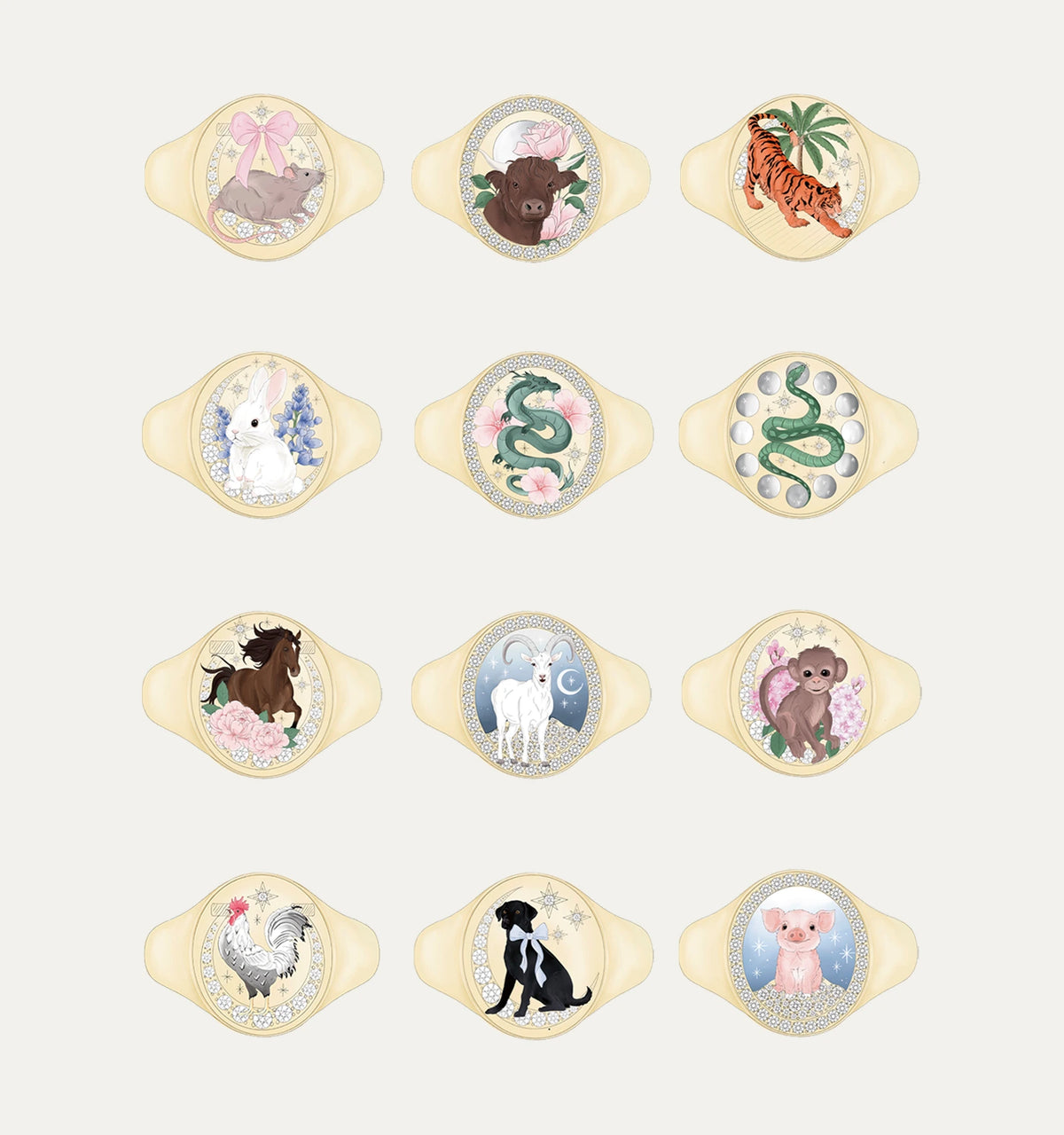 Gold rings featuring various animal motifs and floral designs, arranged in a grid pattern against a light background.