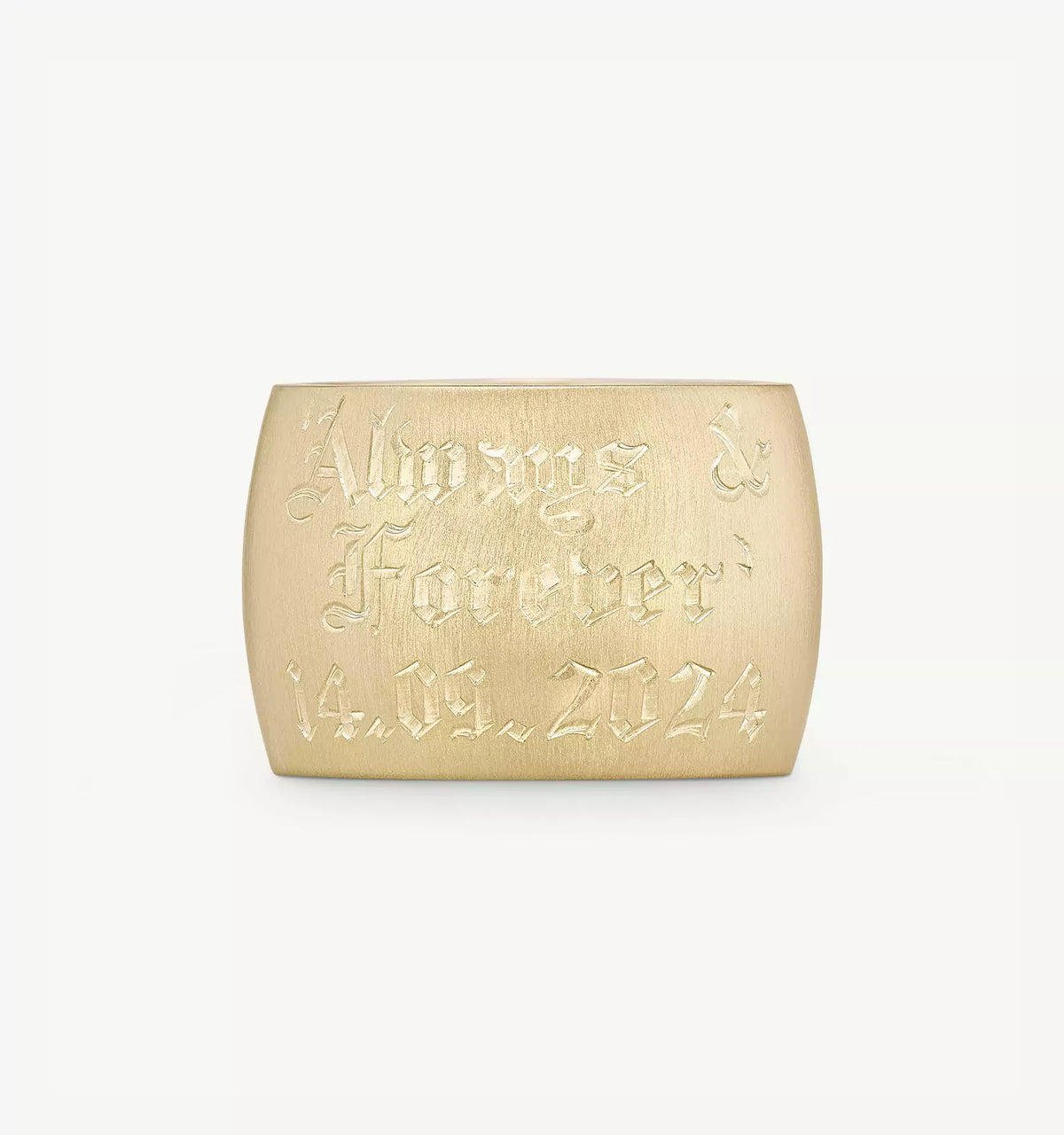 Gold ring featuring engraved text "Always & Forever" with date "14.05.2024".