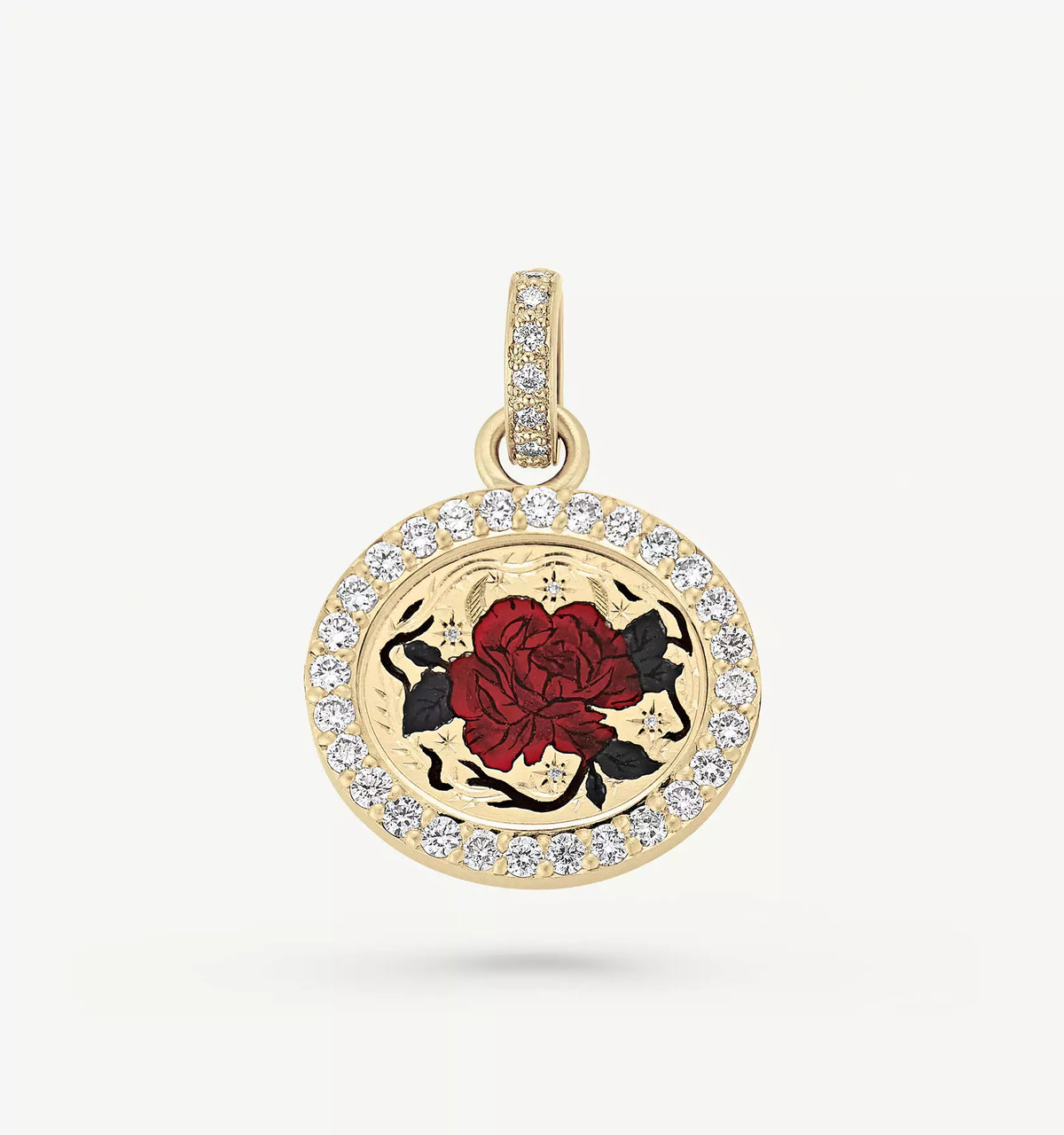 Gold pendant with a red rose in enamel surrounded by a halo of diamonds.