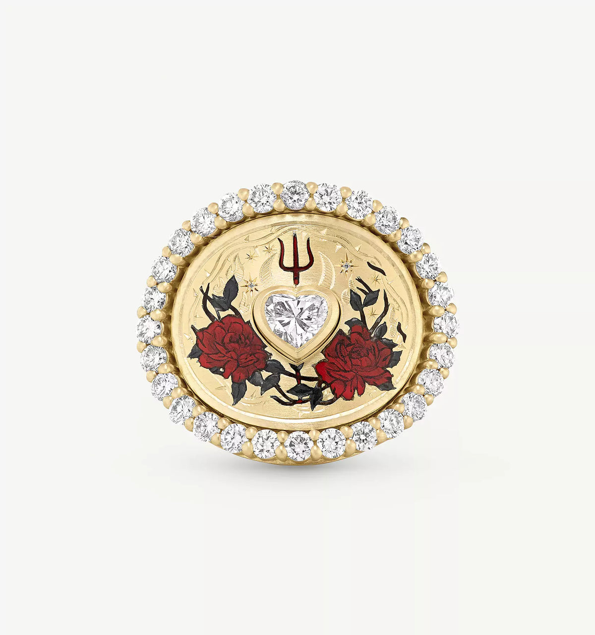 Gold ring featuring a heart-shaped diamond centre, enamel roses, and a halo of round diamonds.