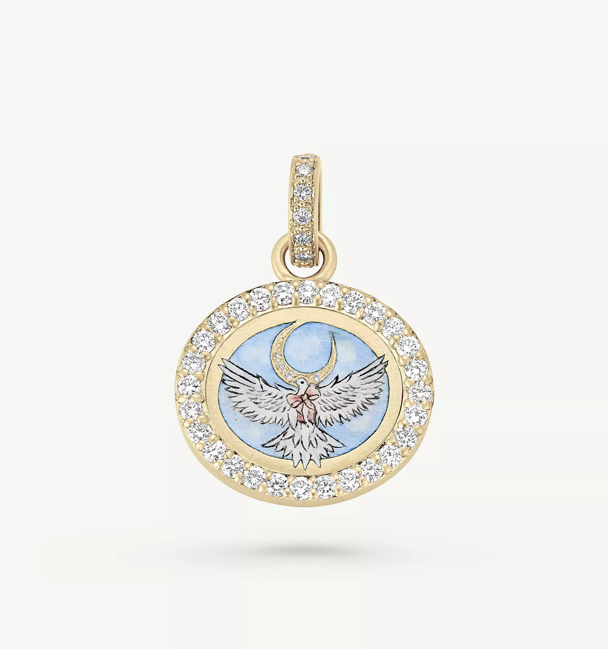 Gold pendant featuring a blue enamel moon and dove design, surrounded by a circle of diamonds.