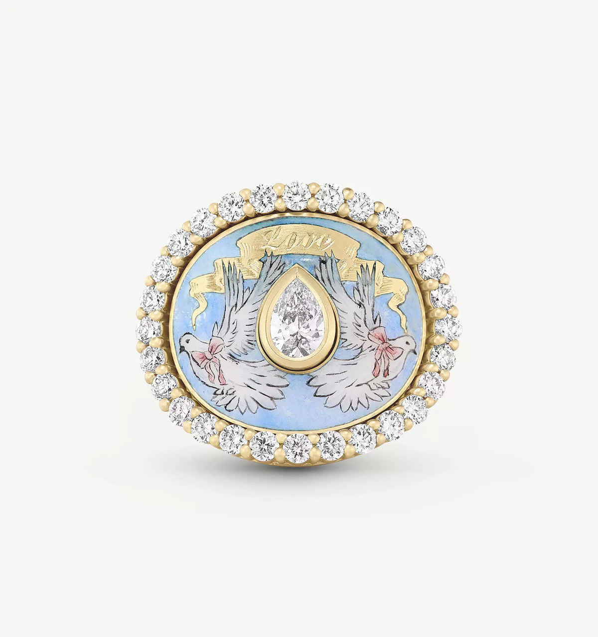 Gold ring featuring a central pear-shaped diamond, surrounded by a decorative border with blue enamel and hand-painted doves.