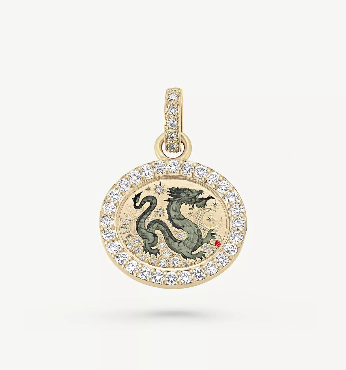Gold pendant featuring a dragon design in enamel, surrounded by a halo of diamonds.
