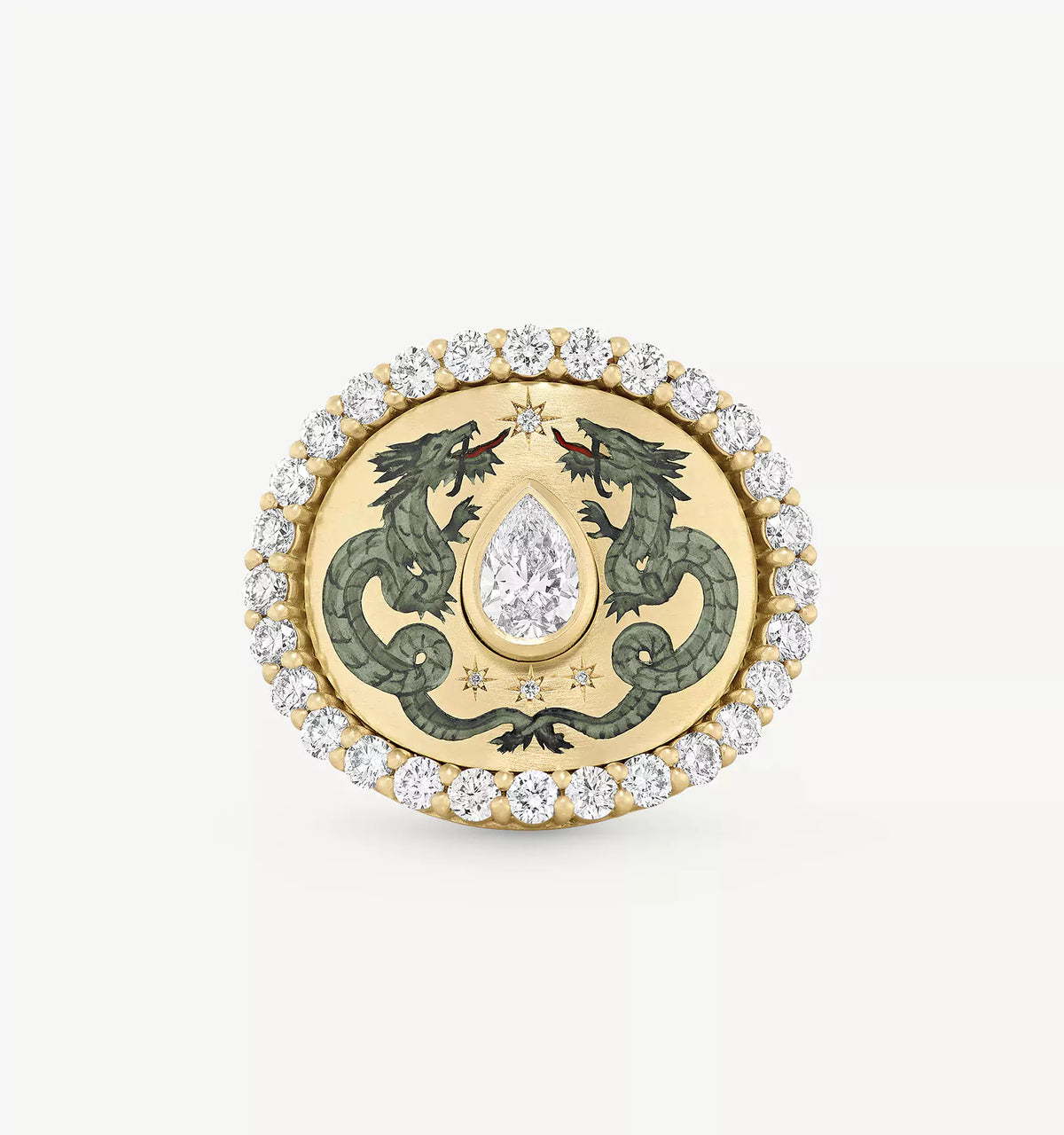 Gold ring featuring two dragons with a pear-shaped diamond centre and surrounded by a halo of diamonds.