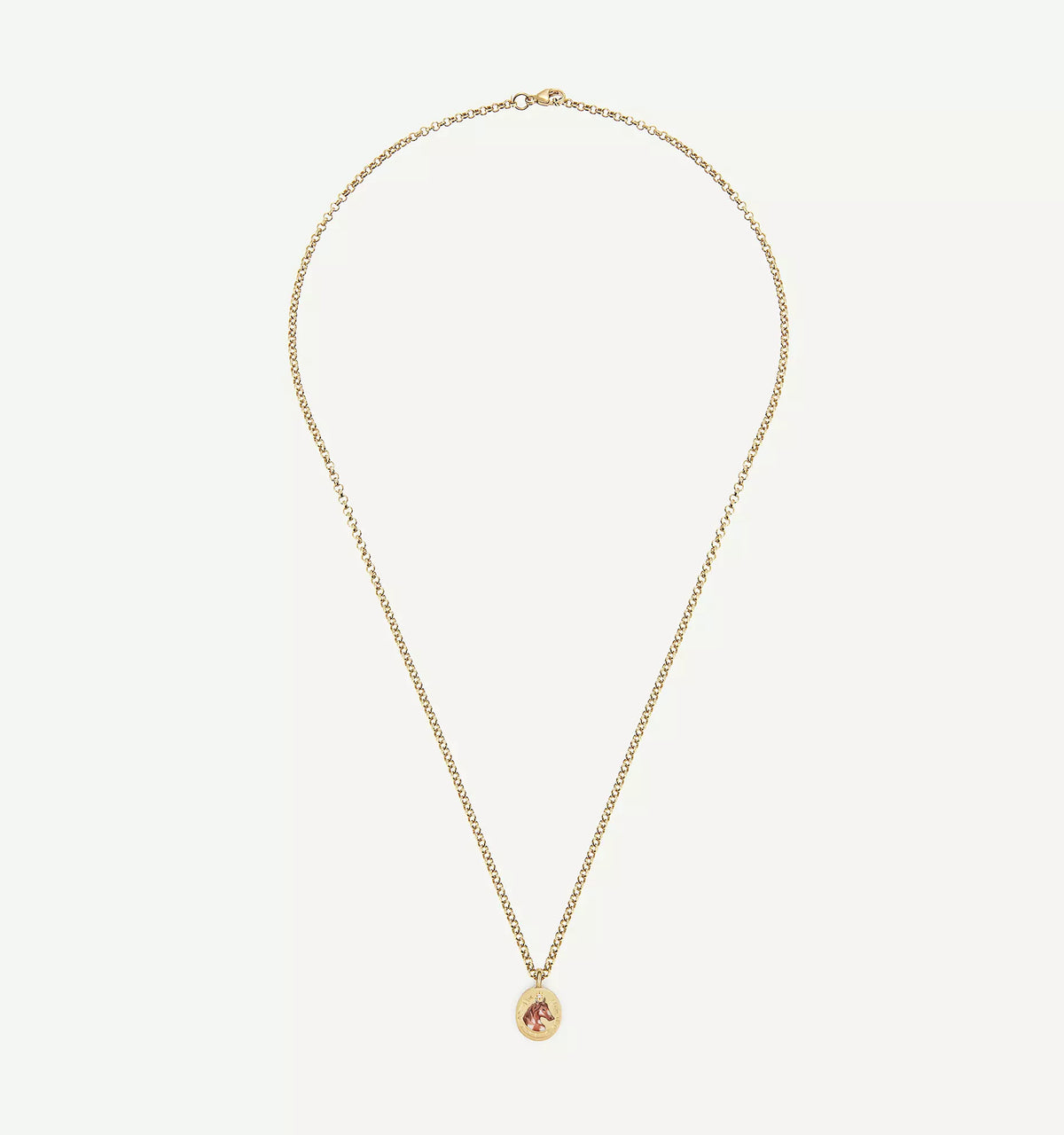 Gold necklace featuring a round pendant with an intricate floral design in enamel.