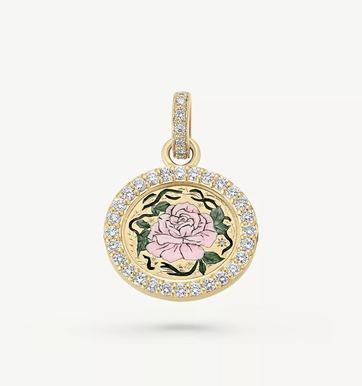 Gold pendant featuring a pink rose design in enamel surrounded by a circle of diamonds.